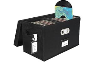 Woodoulogy Vinyl Record Storage Box for 7"/45 RPM LPs, Black Case with Lid Holds up to 75 Albums, CD Crate Play Music Collection Holder, Collapsible File Folder Cabinet Organizer with Handle