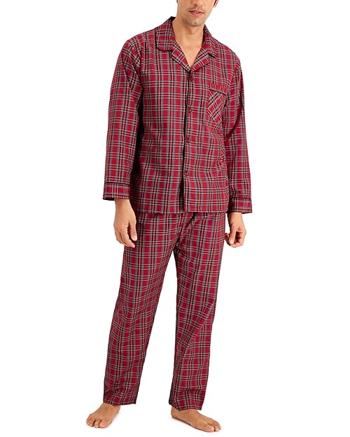 Hanes Men's Woven Plain-Weave Pajama Set, Red Plaid, Medium