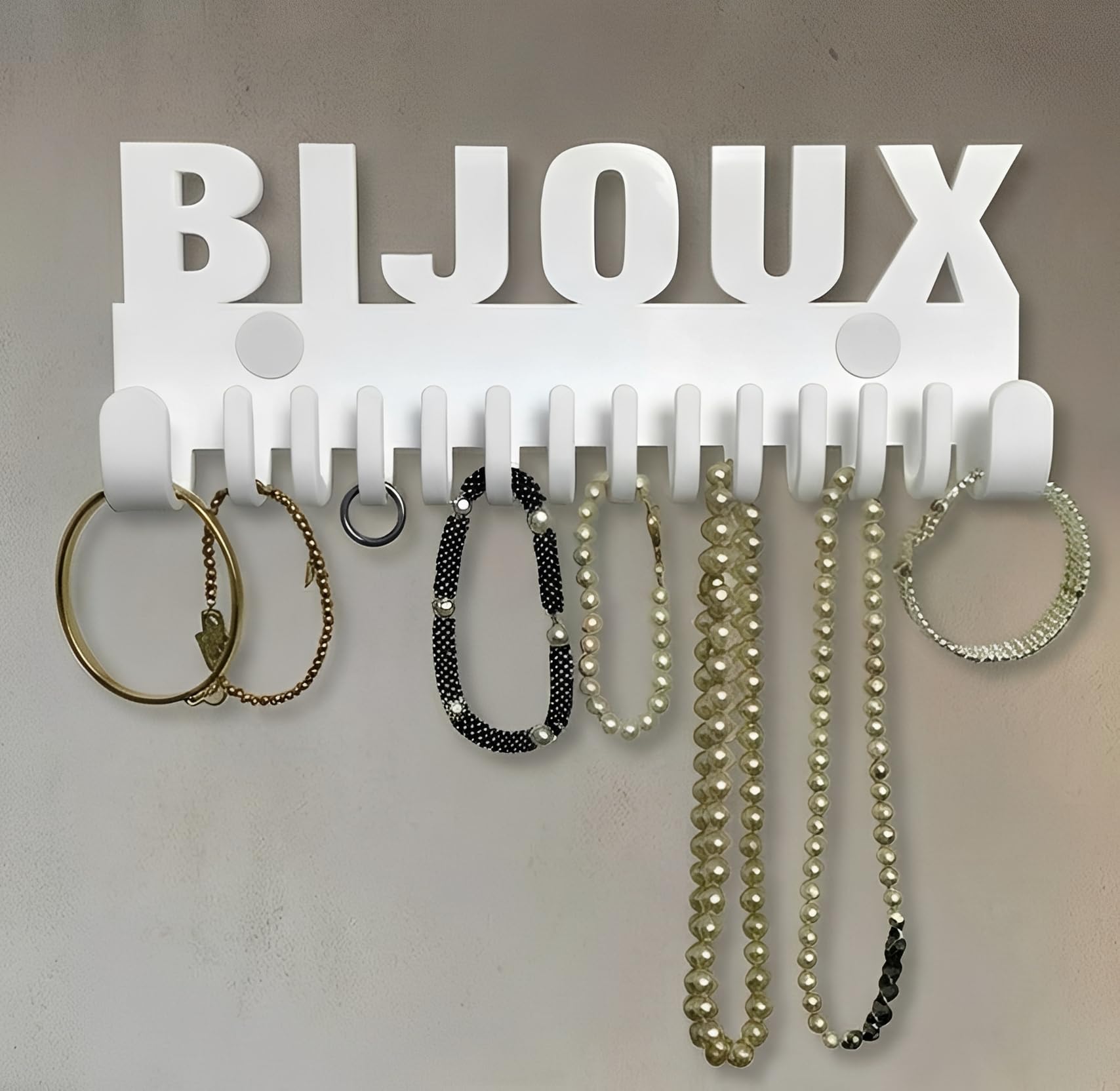 Galeara design Necklace Holder Stand Jewellery Hanger Organiser White Wall Mounted With Word Jewellery Glossy (Mika Bijoux White)