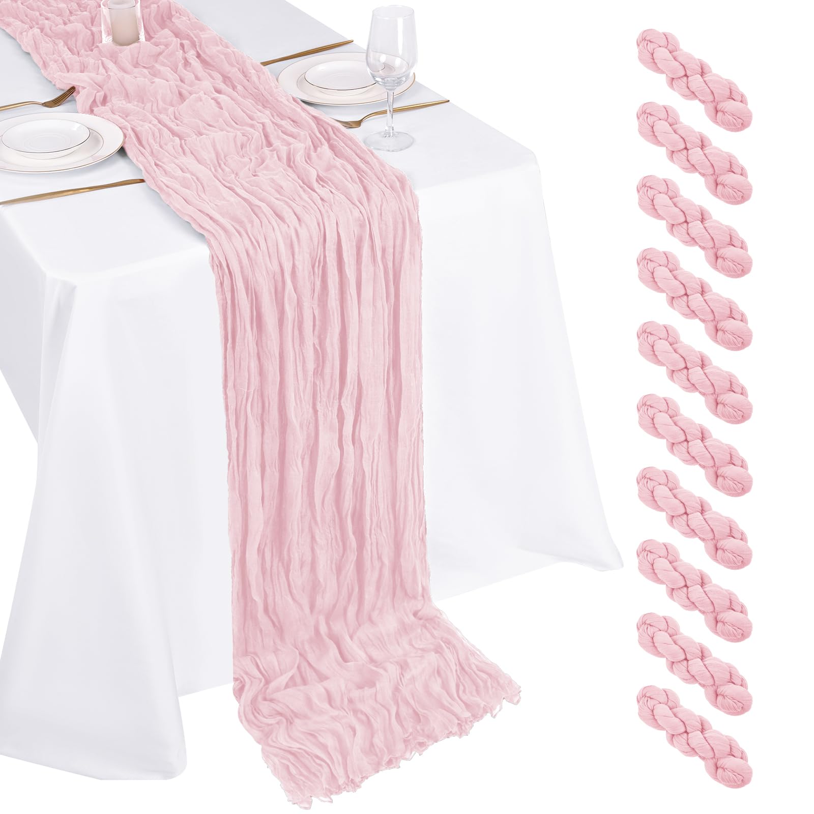 Photo 1 of 10 Pack Light Pink Cheesecloth Table Runner 17x108 Inch Boho Gauze Cheese Cloth Table Runners for Wedding Party Baby Shower Birthday Home Decor