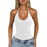 REORIA Bodysuits for Women Sexy Halter Tie Back Deep U Neck Bodysuit Backless Cami Tank Top