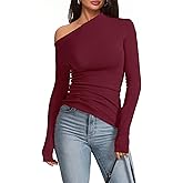 Meetrendi Women's Sexy Off Shoulder Tops Dressy Long Sleeve Asymmetrical Slim Fit Going Out Fall Blouse Ruched Shirts