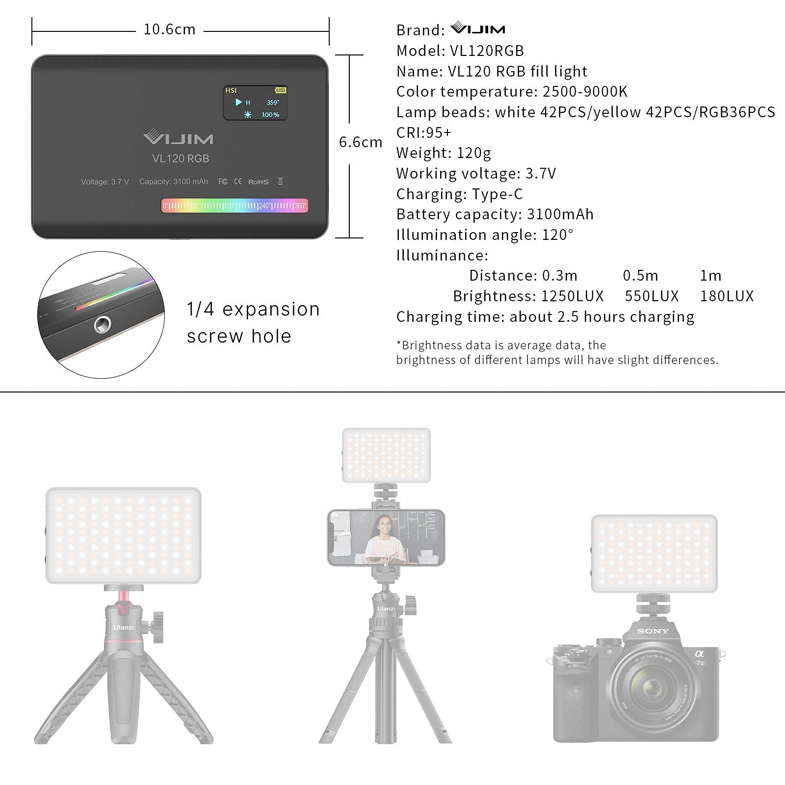 VIJIM VL120 RGB Video Light, Portable LED Camera Light Panel 0-360 Full Color, CRI 95+ 2500-9000K LED 3100mAh Rechargeable DSLR Lighting for Vlogging, Photography, Video Conference