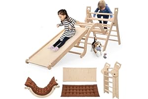 INNOPLAY Large Foldable Toddler Climbing Toys Indoor Jungle Gym, Pikler Triangle Set with Cushion, S-lide and Arch, 7-in-1 Montessori Climbing Set(1.5-6yrs)