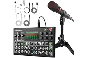 RHM Podcast Equipment Bundle, All-in-One Audio Interface DJ Mixer with broadcast sound 3.5mm Microphone, Tripod Stand, Monitor Earphone, Audio Mixer With Sound card for PC/Laptop/Phone/Podcasting(Red)