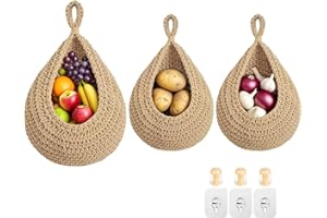 Hanging Fruit Baskets for Kitchen, 3 Pack Boho Cotton Rope Handwoven Vegetable Storage Wall Mounted Large Organizing Basket f