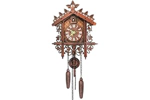 GENERIC Cuckoo Clock Wall Traditional Vintage Coo Clock Carved Koo Clock with Pendant Roman Numeral Decorative Density Board Wall Clock for Home Living Room, Dark Yellow