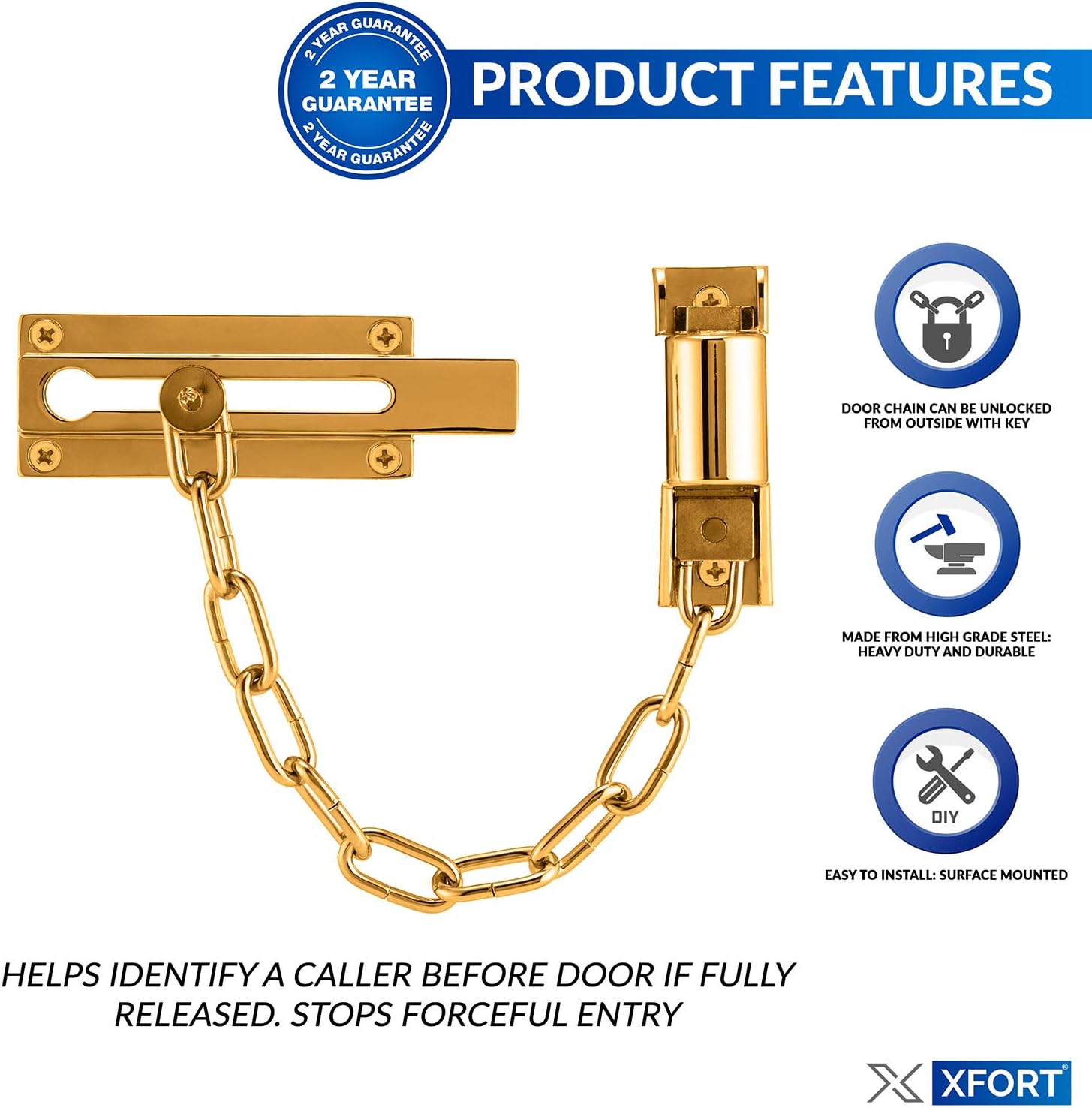XFORT® Polished Brass Locking Door Chain, Security Chain with Door Lock