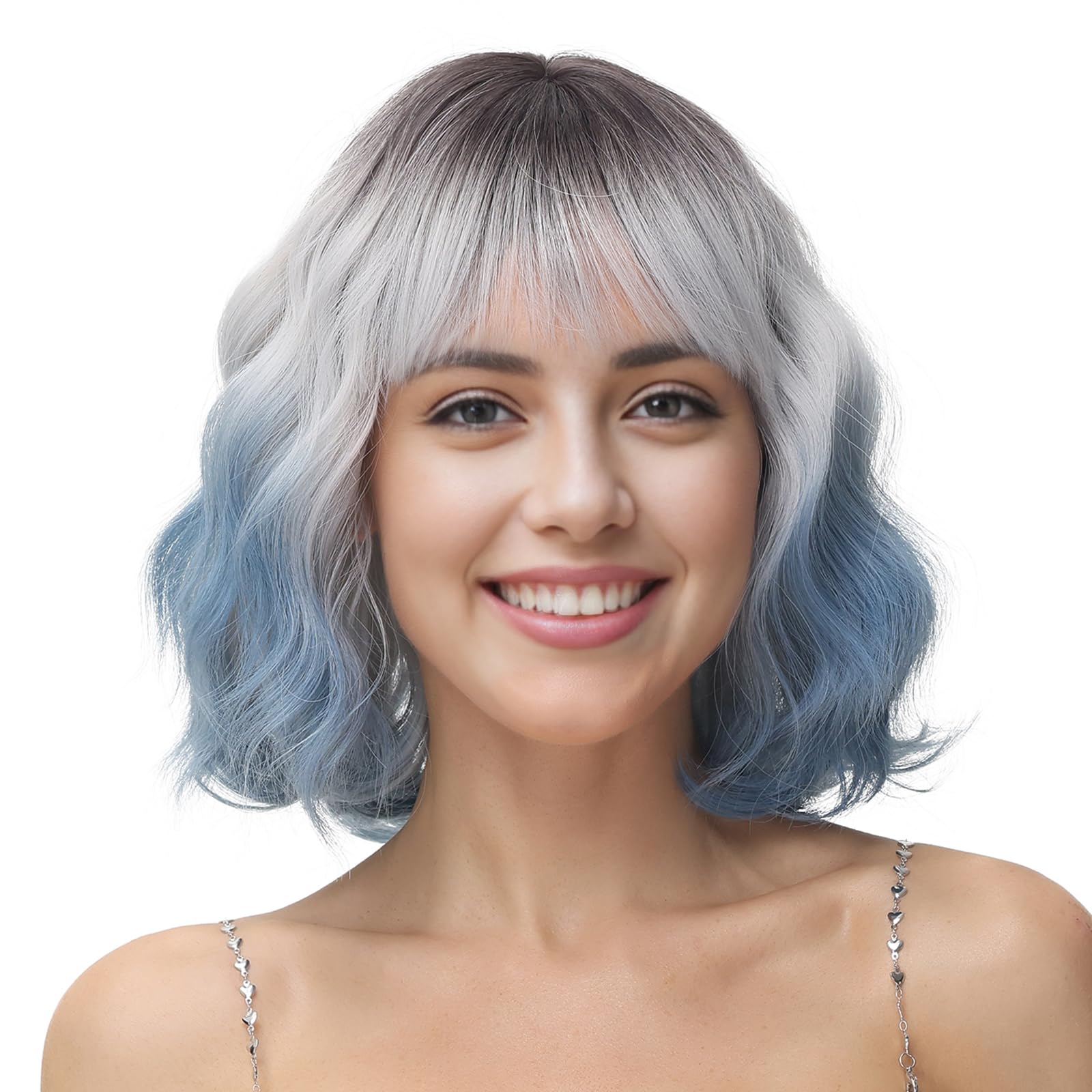 BUYOGET Wavy Bob Wig with Bangs Synthetic Hair Shoulder Length 12 Inch Short Curly Wigs for Women Ombre Silver to Blue โ image 1