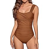 VECENEY One Piece Bathing Suit for Women Tummy Control Swimsuits Square Neck Ruched Modest Swimwear