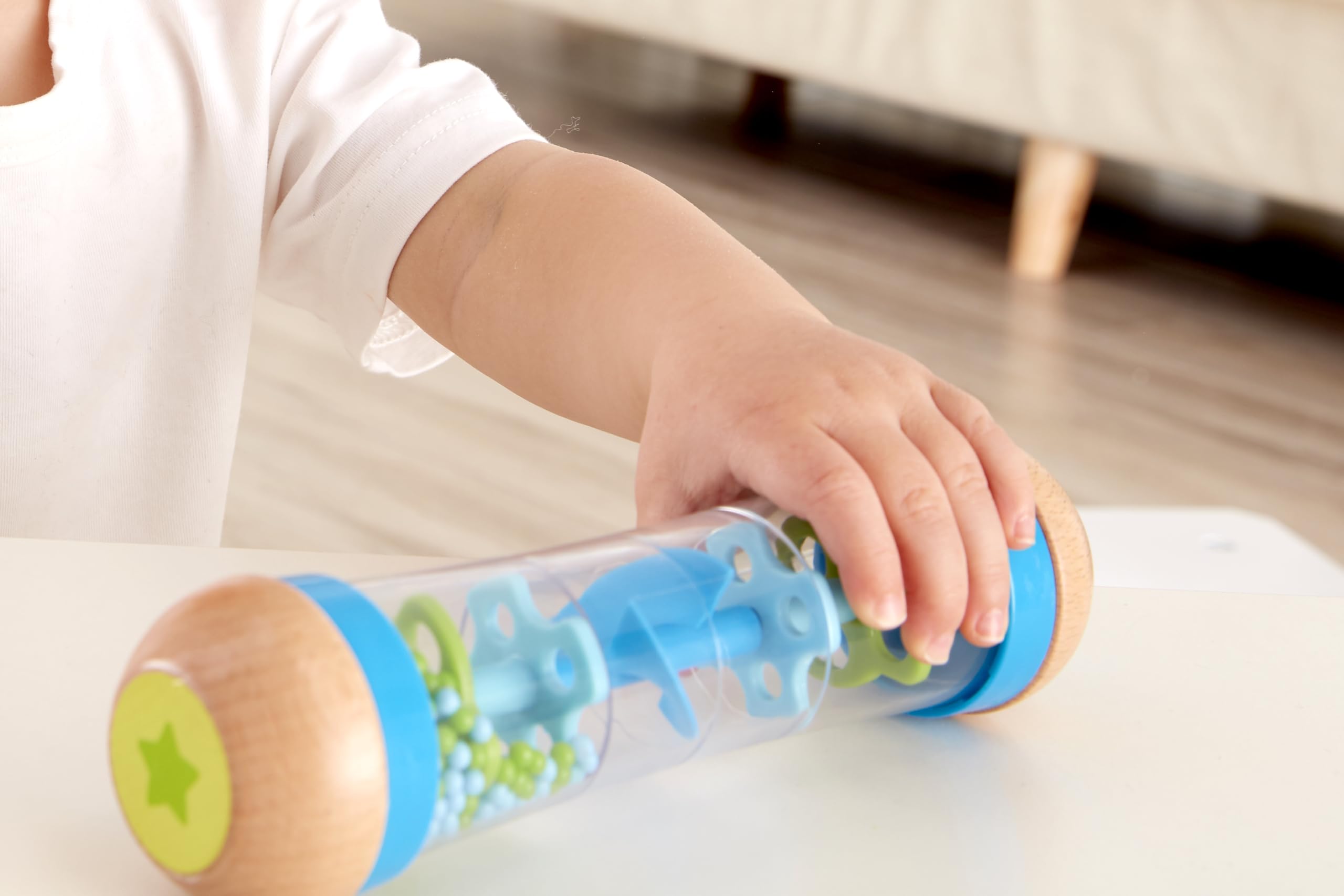 Hape Beaded Raindrops | Mini Wooden Musical Shake & Rattle Rainmaker Toy, Blue, Model Number: E0328B