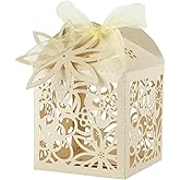 LEMESO 50 PCS Baptism Favor Box Party Favor Boxes Favor Boxes Small Candy Boxes Gift Box with 50 Ribbons to Make Bows and 50 Flowers Tags Great for Wedding and Baby Showering Parties