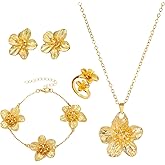 KHRYPTXH Gold Flower Jewelry Set for Women, Hibiscus Necklace and Earrings with Matching Bracelet, Boho Floral Design Jewelry Collection, Floral Jewelry Gifts for Her