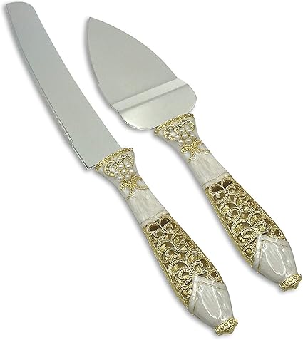 Amazon Co Jp ゴールド シルバー ウェディングケーキナイフとサーバーセット パール装飾ハンドルナイフとサーバー ゴールド ホーム キッチン