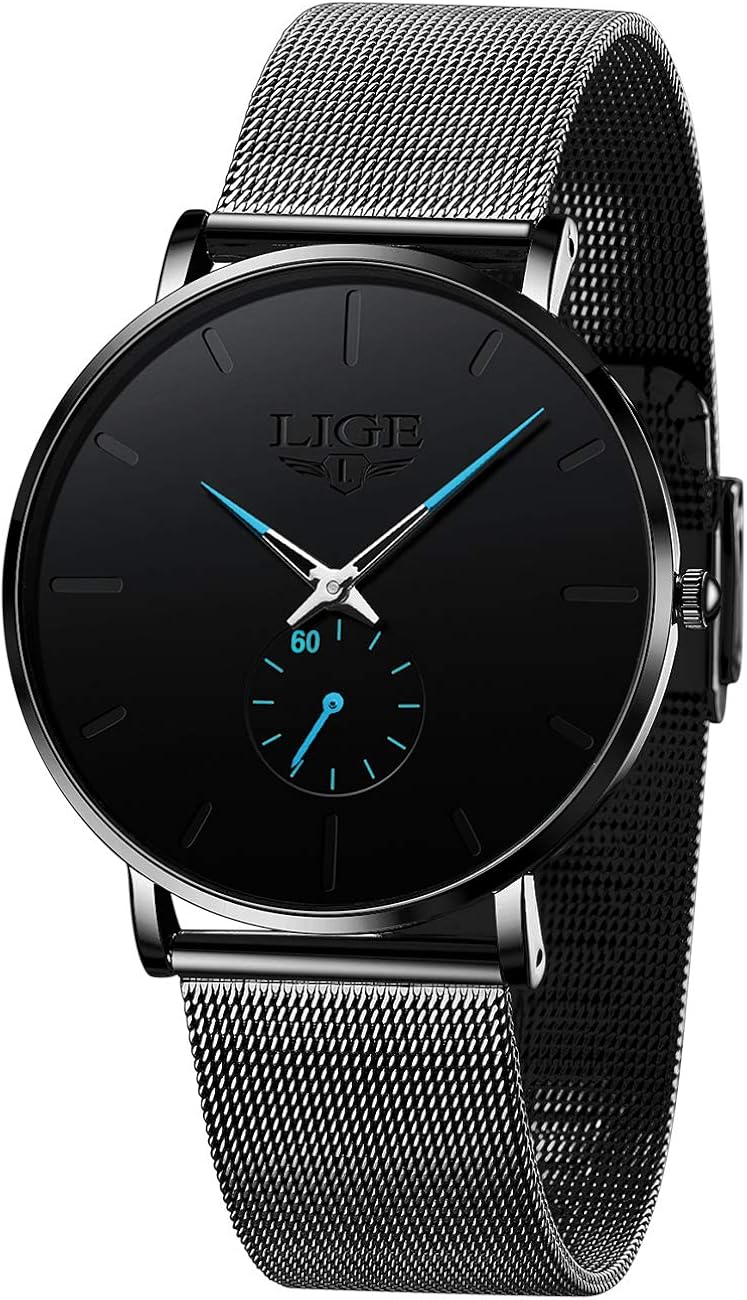 LIGE Men's Watch Ultra-Thin Analog Quartz Waterproof Unisex Watch Fashion Minimalist Black Simple Slim Dress Stainless Steel Mesh Gents Wrist Watches