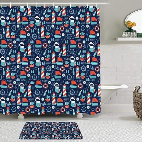 LISNIANY Duschvorhang Badezimmermatten Set，Nautische Anordnung mit