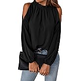 SweatyRocks Women's Casual Long Lantern Sleeve Cold Shoulder Top Cut Out Ruffle Trim Blouse