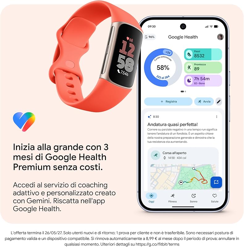 Google Fitbit Charge 6 Activity tracker con abbonamento Google Health Premium di 3 mesi incluso, 7 giorni di durata della batteria, Alluminio Corallo/Oro Champagne