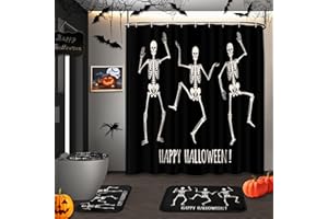 Arttown Halloween Shower Curtain Set with Toilet Lid Cover and Non-Slip Rugs, Funny Dancing Human Skeletons 4 Pcs Shower Curtains for Bathroom, Black Bathroom Decor Accessories