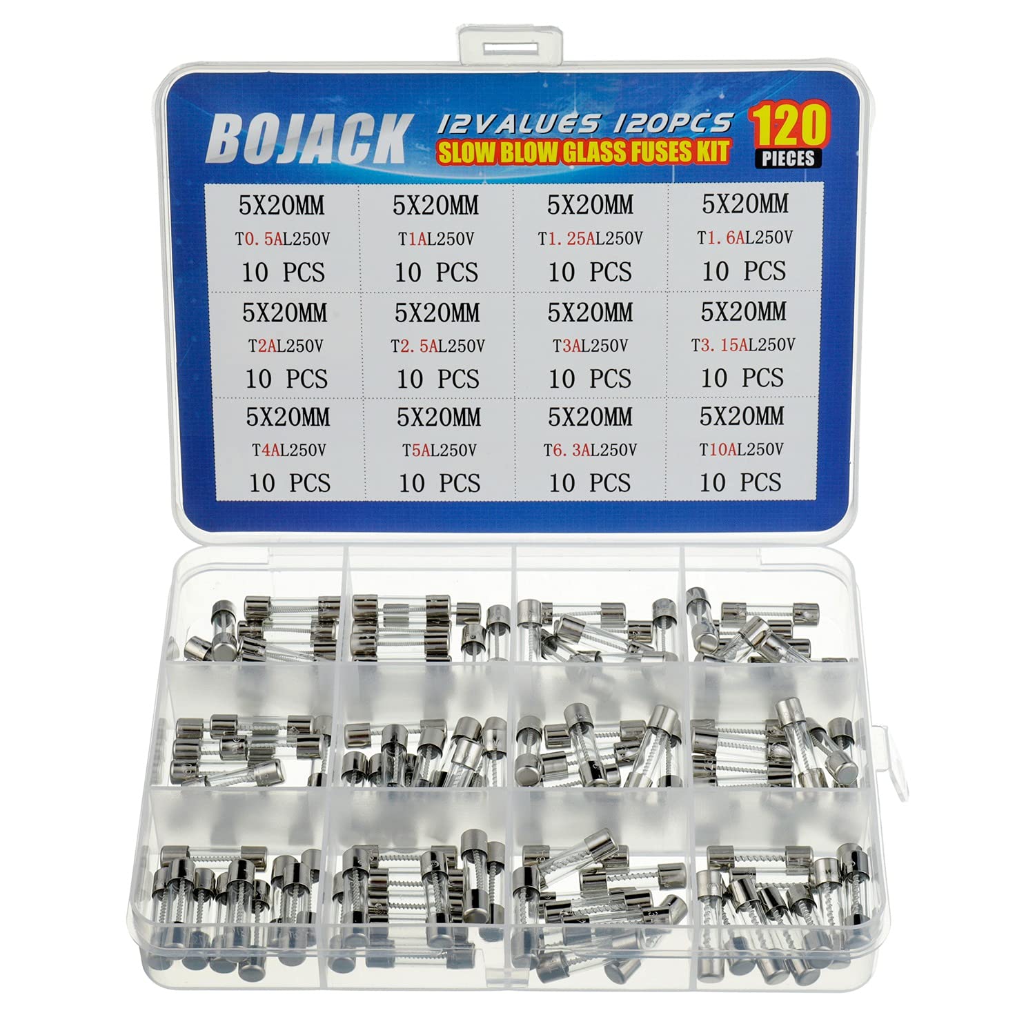 Photo 1 of BOJACK 12 Values 120 pcs Slow Blow Glass Fuses Assortment Kit 5x20mm 250V T0.5A 1A 1.25A 1.6A 2A 2.5A 3A 3.15A 4A 5A 6.3A 10A packag in a Clear Plastic Box