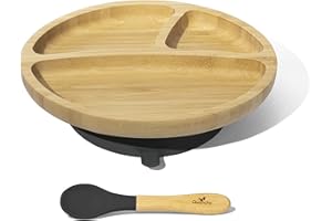 Avanchy Toddler Baby Plates Divided Bamboo, Suction for Babies Kids Toddler Food with Silicone Spoon for Feeding, Black