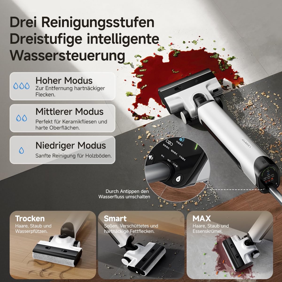 uwant D500 Nass Trockensauger,Abwassertanks-Desodorierung,180° Lay-Flat Saugwischer,17,000 Pa Saugkraft,65°C Leise Heißtrocknung,Selbstreinigend,Verwicklungsfreies Design,IPX6 wasserdichte Bodenbürste 7