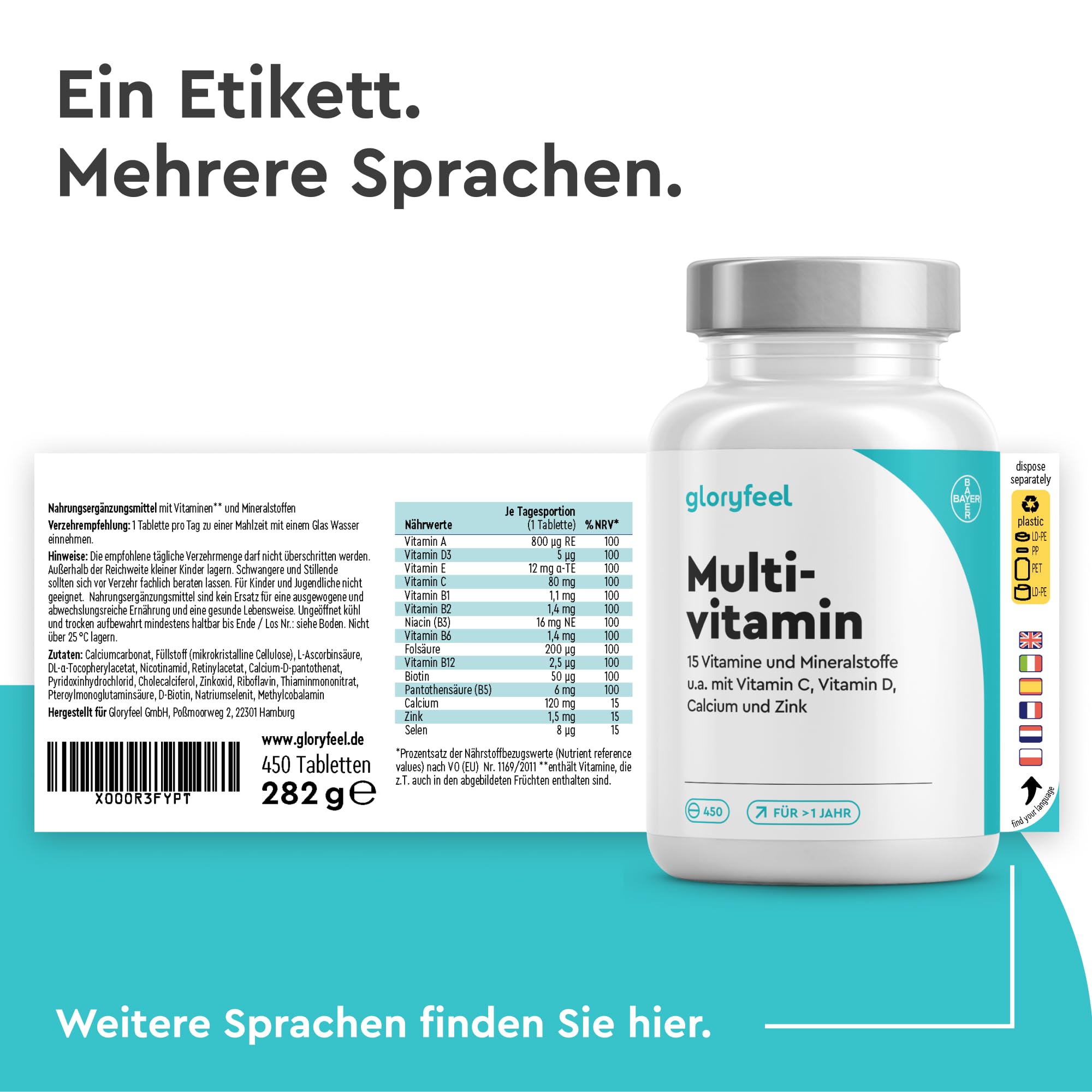 Gloryfeel High-Dose Multivitamins – 450 Tablets, Valuable Minerals and All A-Z Vitamins – 15 Months’ Supply – Supports the Immune System – Laboratory Tested without Additives, Made in Germany