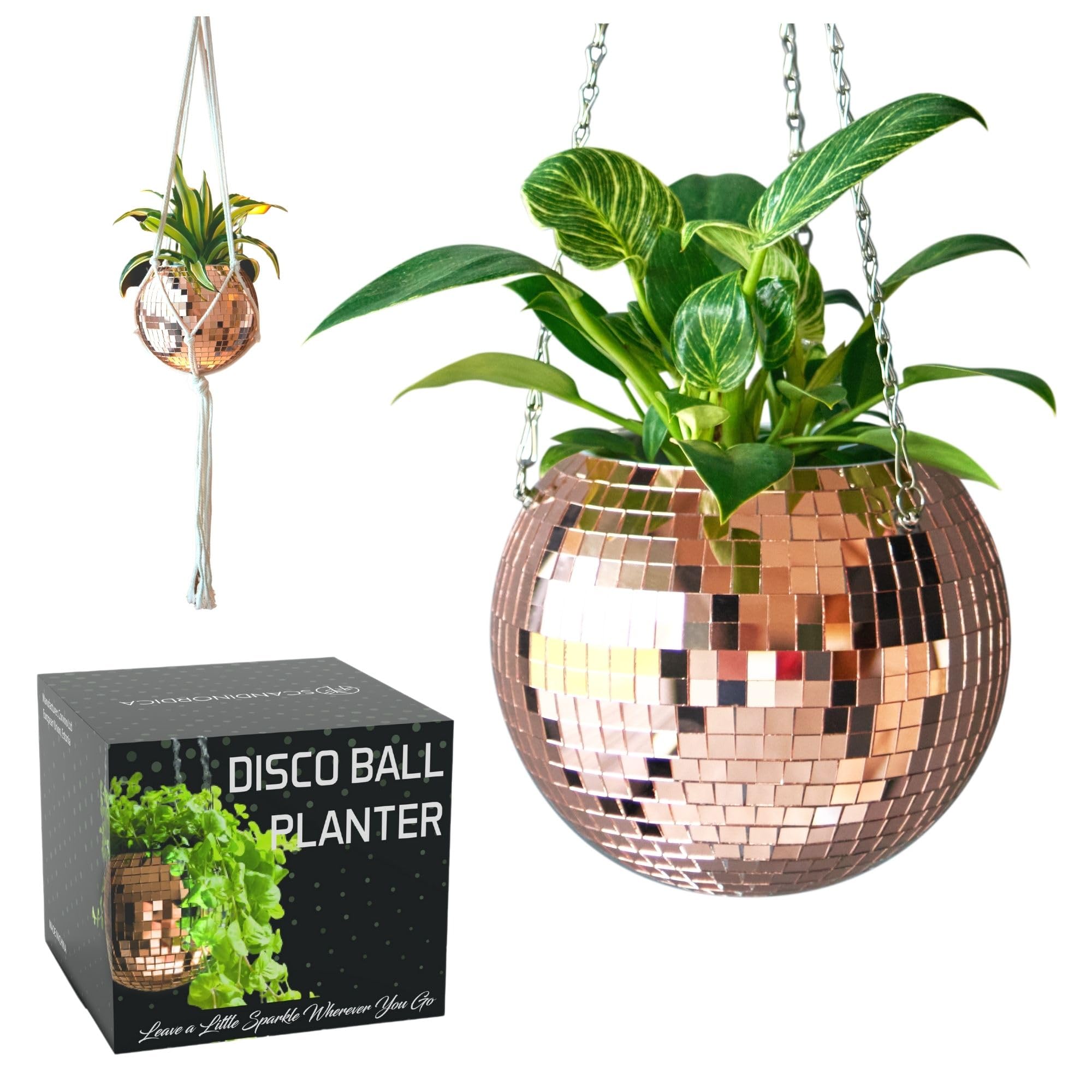 SCANDINORDICA Disco Ball Planter – Disco Ball Plant Hanger, Mirror Disco Glitter Planter with Chain and Macrame Rope, Boho Hanging Planter | Disco Ball Decor – 20 cm (8“) Rose Gold