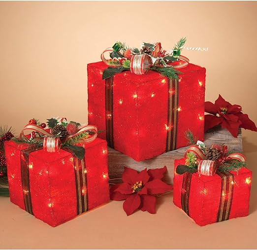 Amazon Com Set Of 3 Lighted Holiday Red Sisal Gift Boxes
