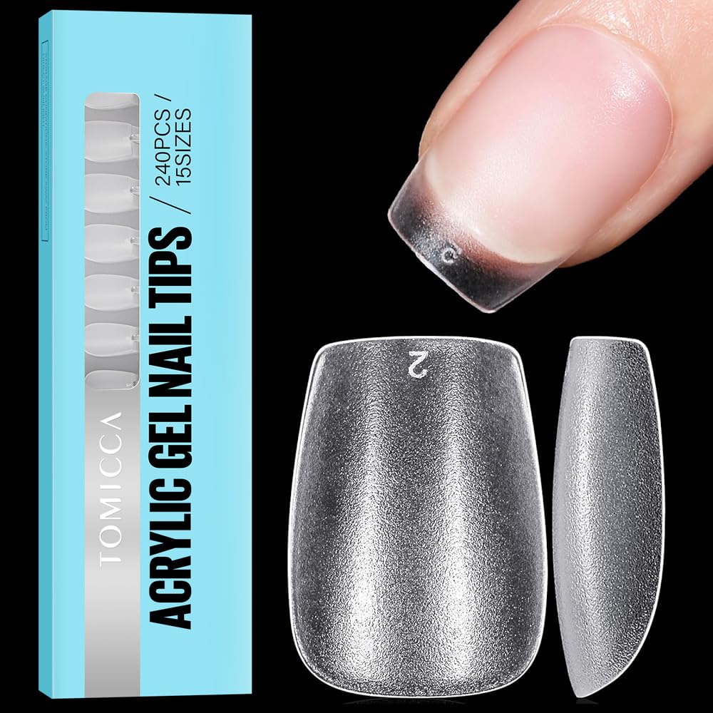TOMICCA Extra Short Coffin Nail Tips, Clear Nail Tips Natural False Nails Coffin French Acrylic Nails Artificial Nails Tips for Girls Women, (240 Pcs,15 Sizes)