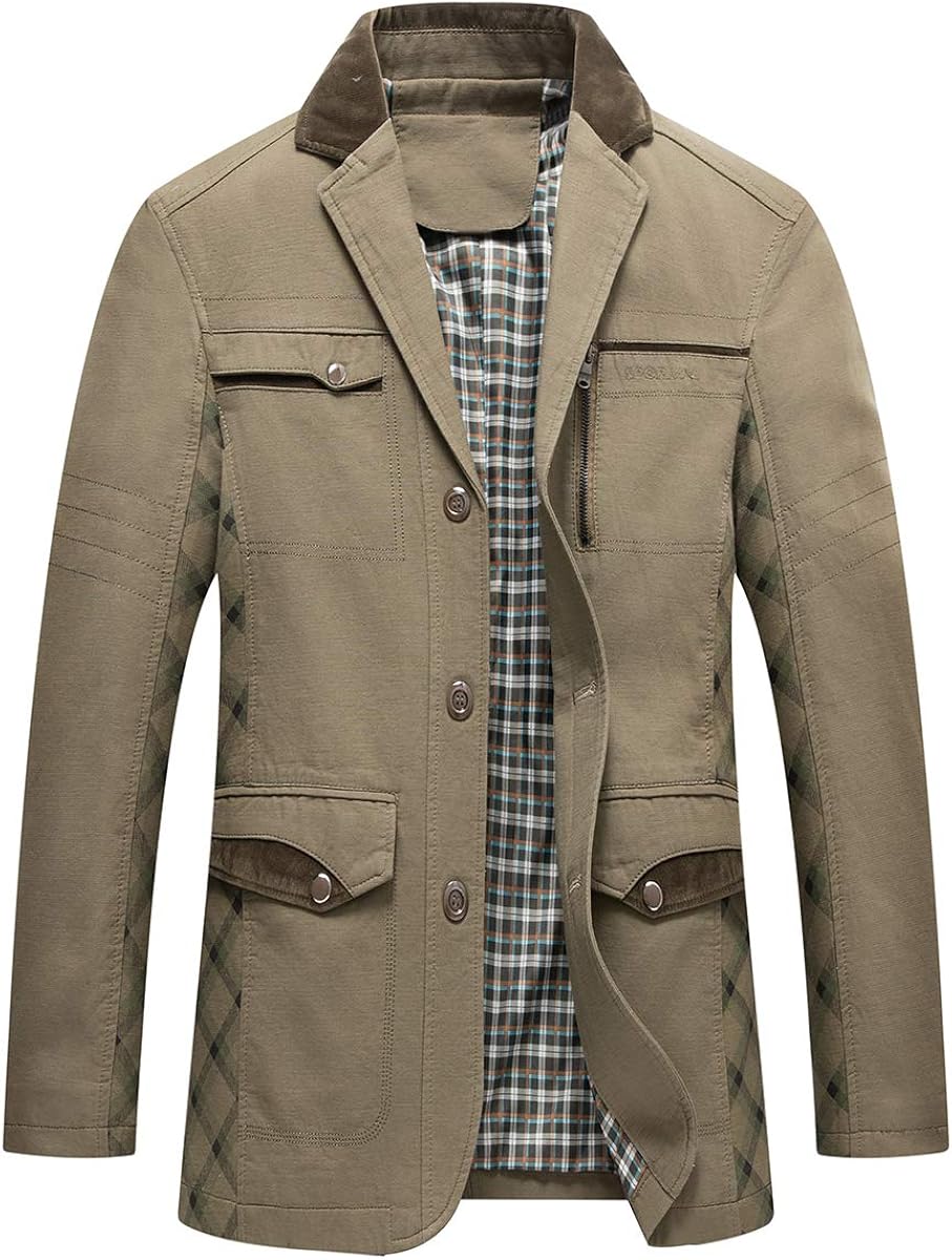 Men's Lapel Jacket MultiPocket Coat Color Block Button Jacket Amazon