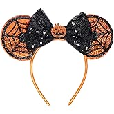 Doneace Halloween Mouse Ears Headband Pumpkin Spider Web Headband with Sequin Bow Glitter Mouse Ears Hairbands for Women, Halloween Holiday Hair Hoop Cosplay Costume Princess Party Decorations 1PCS