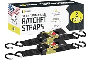 DC Cargo Mall Auto Retractable Ratchet Straps (2-Pack) 2” x 6ft, Super Heavy Duty, 4,033lb Break Strength – Tie Down Straps for Cargo, Truck, Trailer, Boats