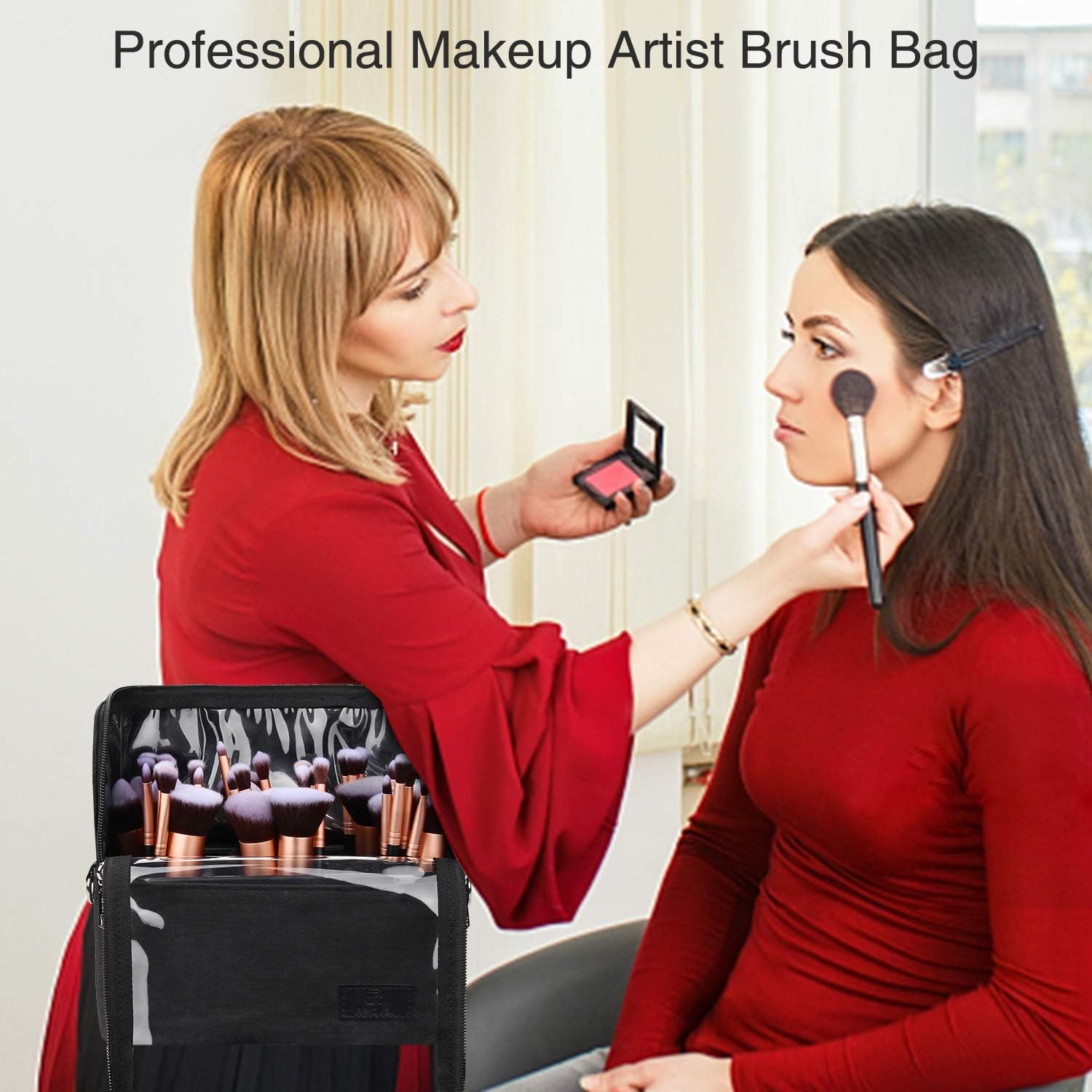 Makeup Brush Case Stand-up Makeup Cup Travel Professional Cosmetic Bag Artist Storage Bag Large Makeup Brush Bag with Adjustable Divider (Large, Black)