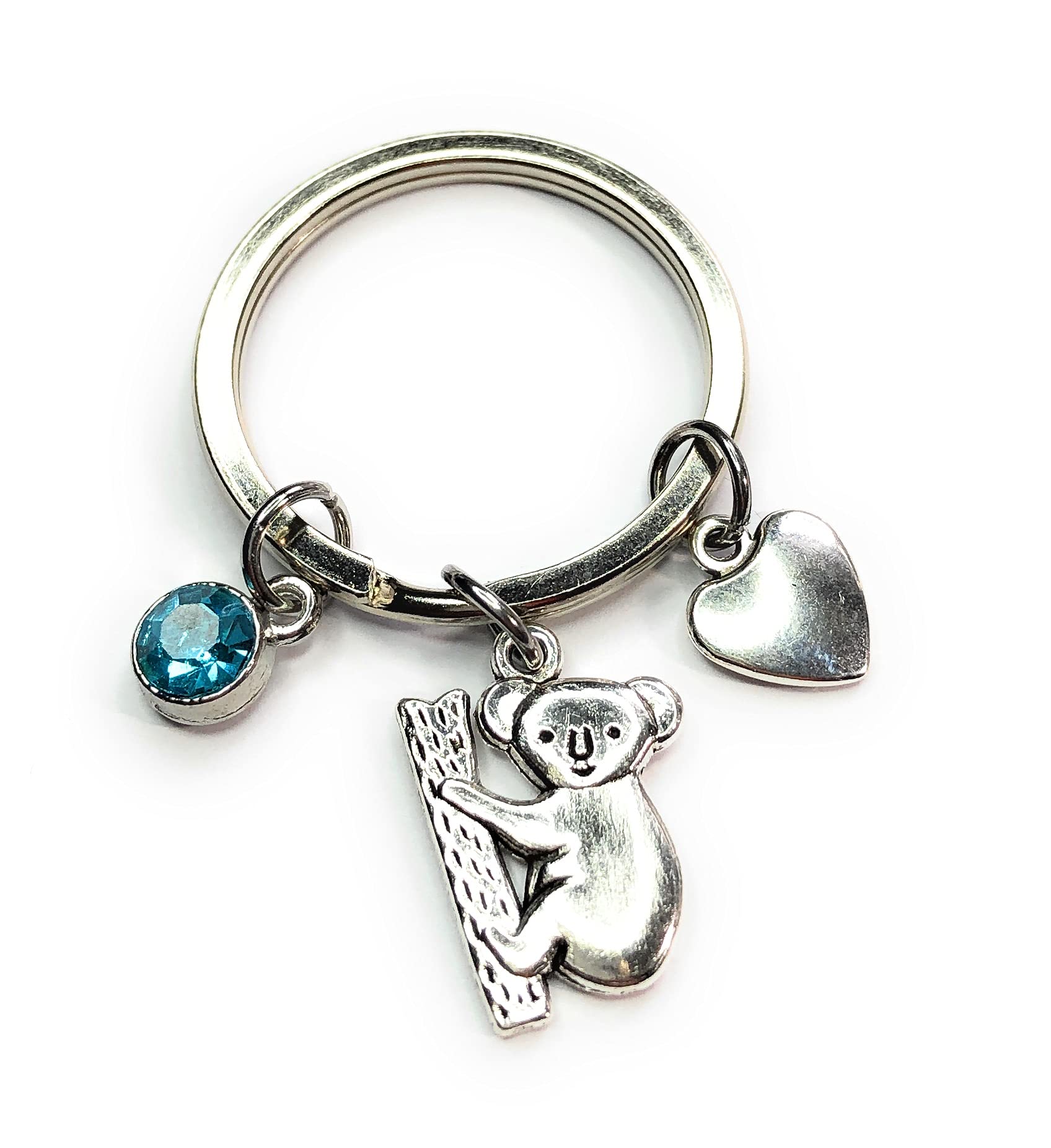 FizzyButton Gifts Koala Keyring Key Ring with Turquoise Rhinestone and Heart Charm