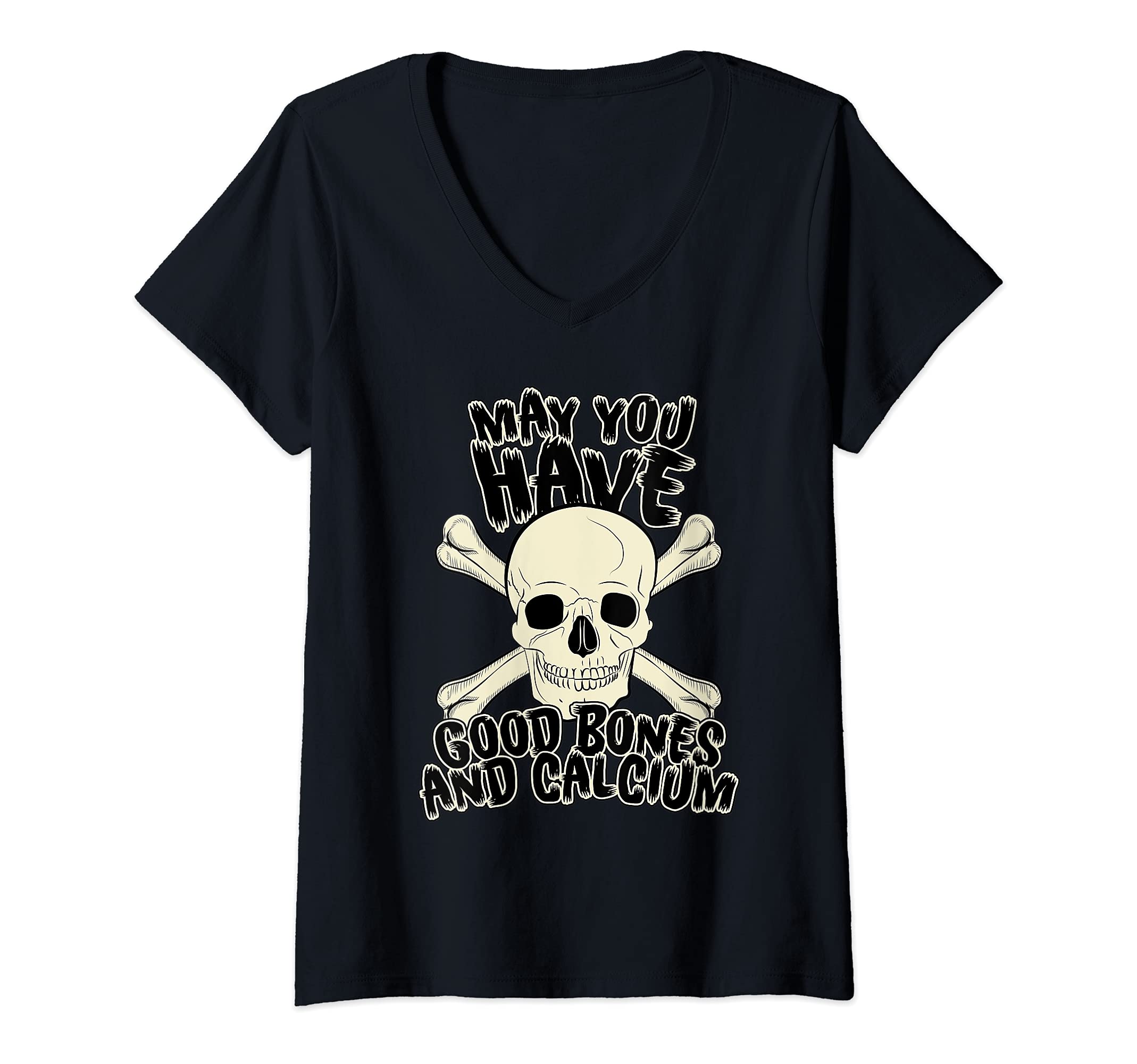 Womens Halloween Skeleton Tshirt Costume Trick Treat Bones Calcium V-Neck T-Shirt
