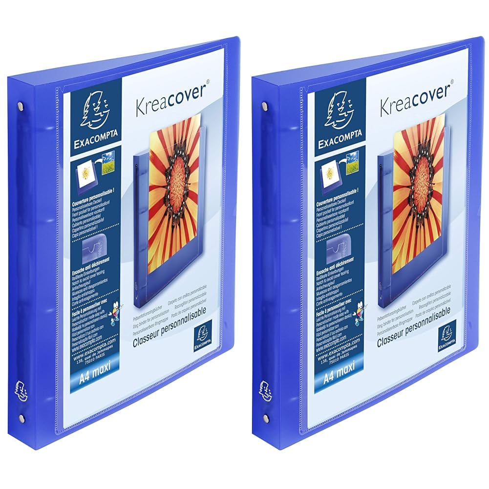 Exacompta - ref. 51562E - 1 Customizable Rigid PP Binder with 1 Pocket - 4 Round Rings, 30 mm Diameter - External Dimensions: 32 x 26.8 cm - A4 Maxi File Format - Colour: Blue (Pack of 2)