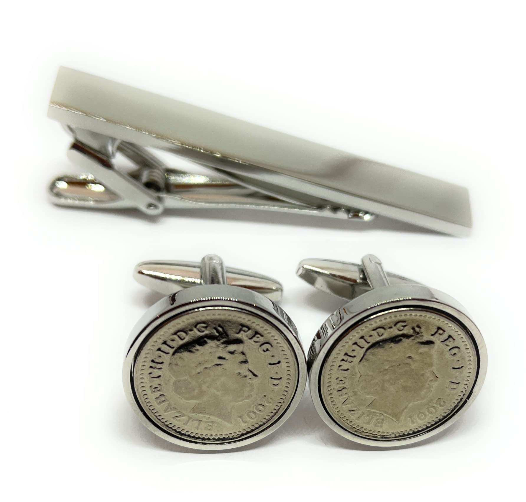 Premium 2001 25th wedding Anniversary 25 year birthday/Anniversary 2000 Coin cufflinks Tie Clip Plain Set