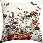 AVOIN colorlife Halloween Horror Wildflowers Throw Pillow Cover, 18 x 18 Inch Pumpkin Ghost Bat Cushion Case Decoration for Sofa Couch