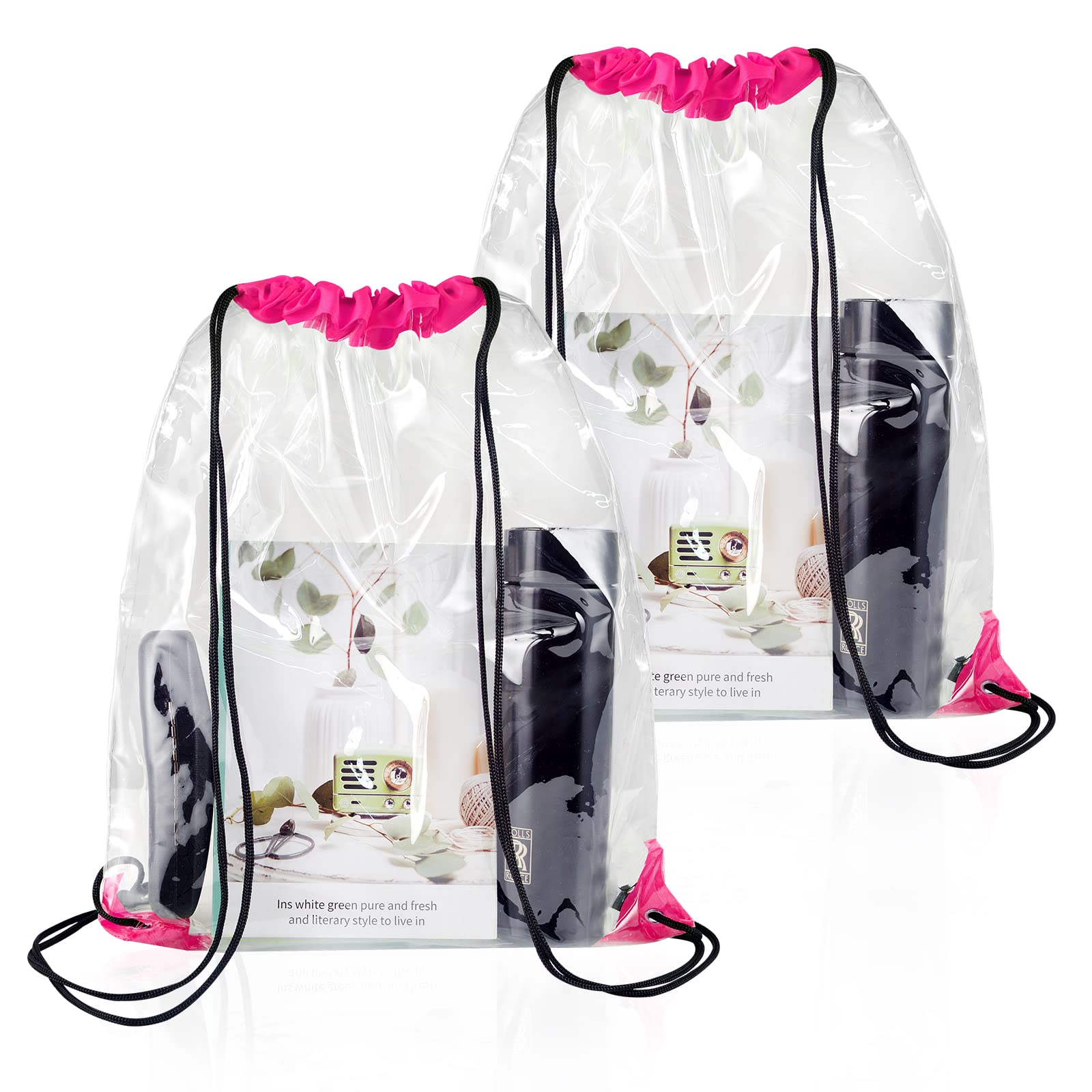 WDFCN Pack of 2 Transparent Drawstring Bags Transparent Gym Bag Backpack Transparent Sports Backpack with Drawstring for School Backpack Gym Travel Beach Swimming, Rose Red, 1