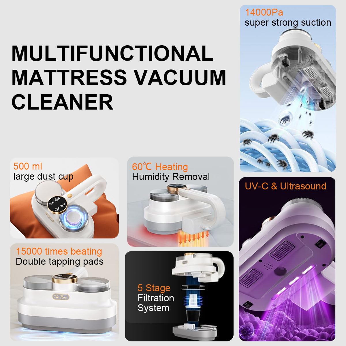 Mattress Vacuum Cleaner Bed Vacuum with 253.7nm UV-C Light, 14Kpa Suciton & Ultrasonic & Two Tapping Pads, Powerful Anti-Allergen Vacuum Cleaner for Deep Cleaning, Corded, NR004