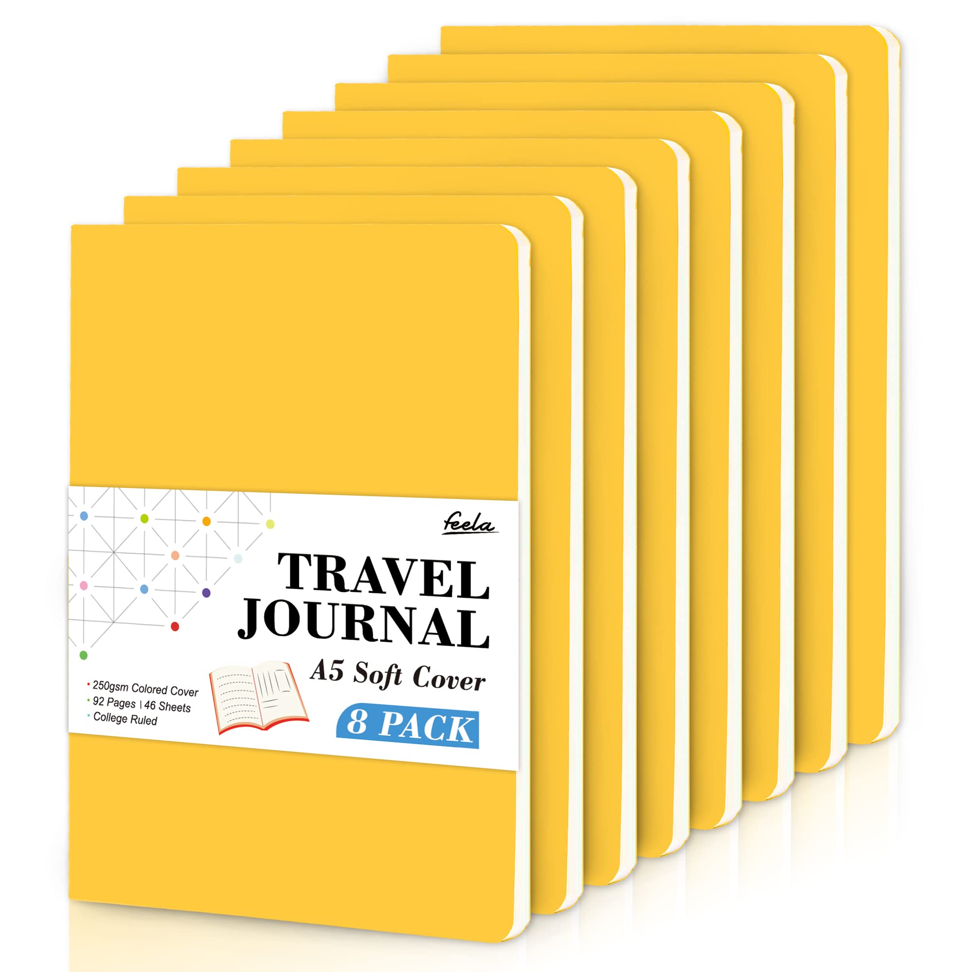 feela 8 Pack Soft Cover Notebooks A5 Lined Journal Notebooks College Ruled for Work, Lined Travel Journal for Women Men, Note Taking Notepad School Supplies Business Writing Note Books, Yellow