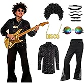 EQTGI 70s Disco Outfit Men Retro Disco Costume with Shirt Pant Wig Glasses Necklace Mustache for Halloween Costumes Cosplay
