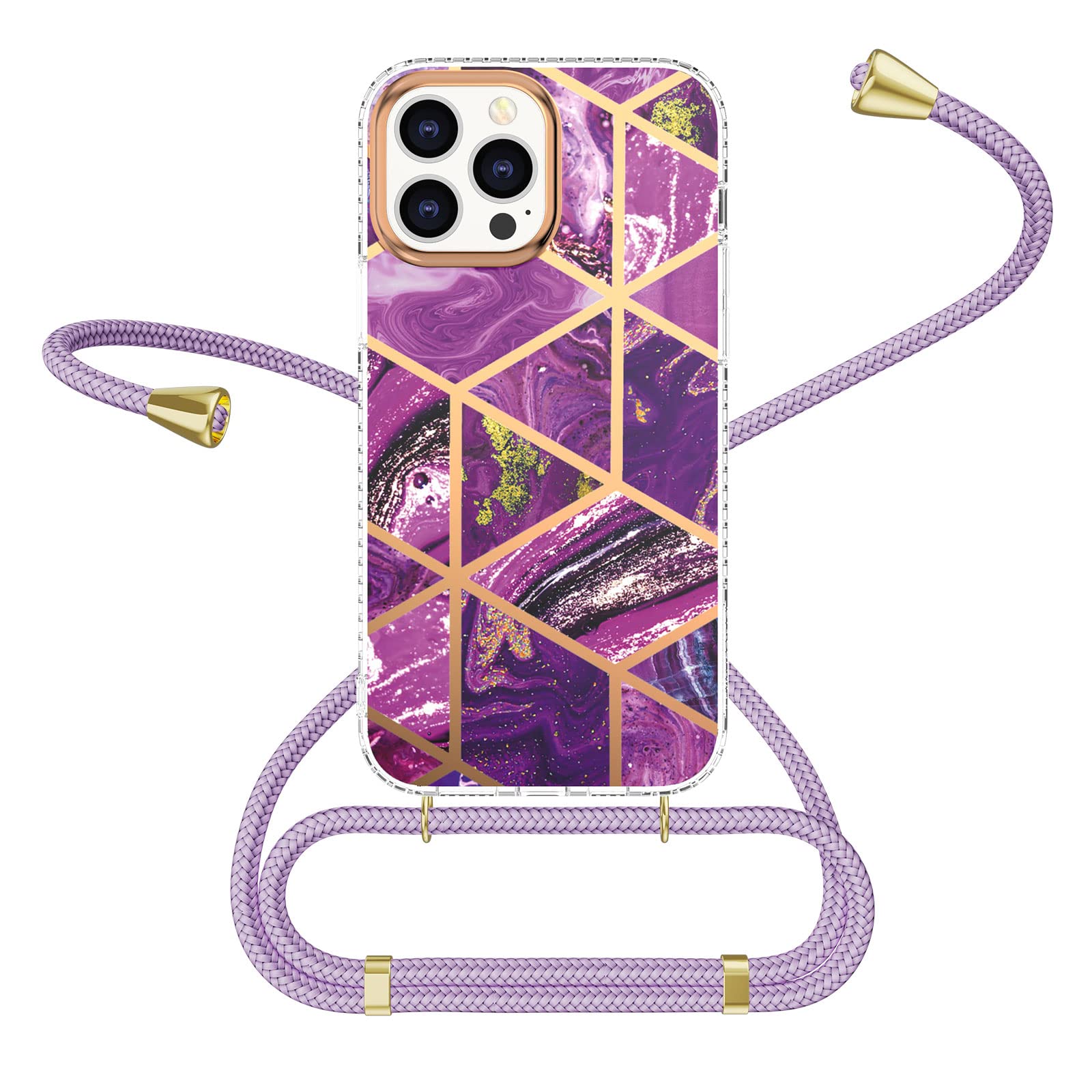 HULLETUI Marble Case Compatible with iPhone 13 Pro Max Lanyard, Crossbody Case Soft TPU Bumper Hard PC Back - Light Gold Metal with Band Purple
