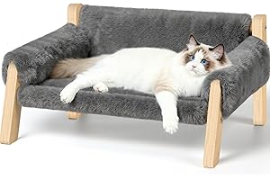 FAMIDGE Elevated Cat Couch Bed for Indoor Cats - Wooden Pet Sofa with Removable Washable Thick Cover Raised Kitty Lounge Chair Suitable for Puppy or Small Animals(Cat Sofa Light-Grey)