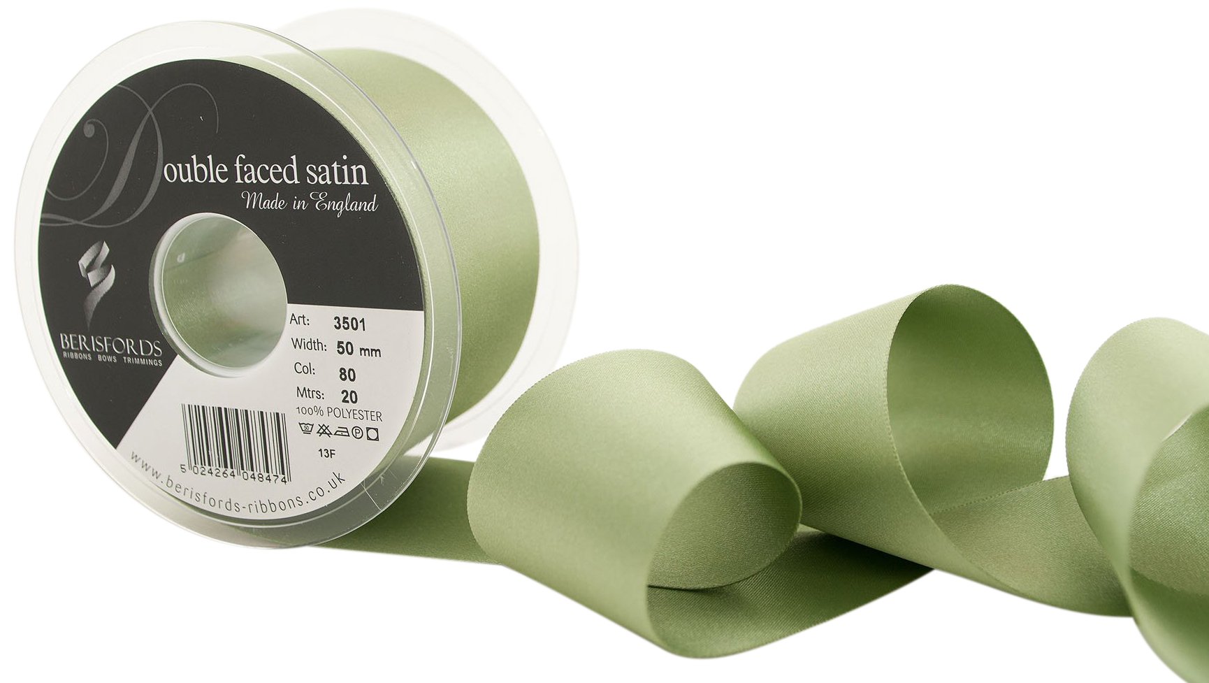 Berisfords Double Satin Ribbon, Khaki, 50 mm x 20 m, Green