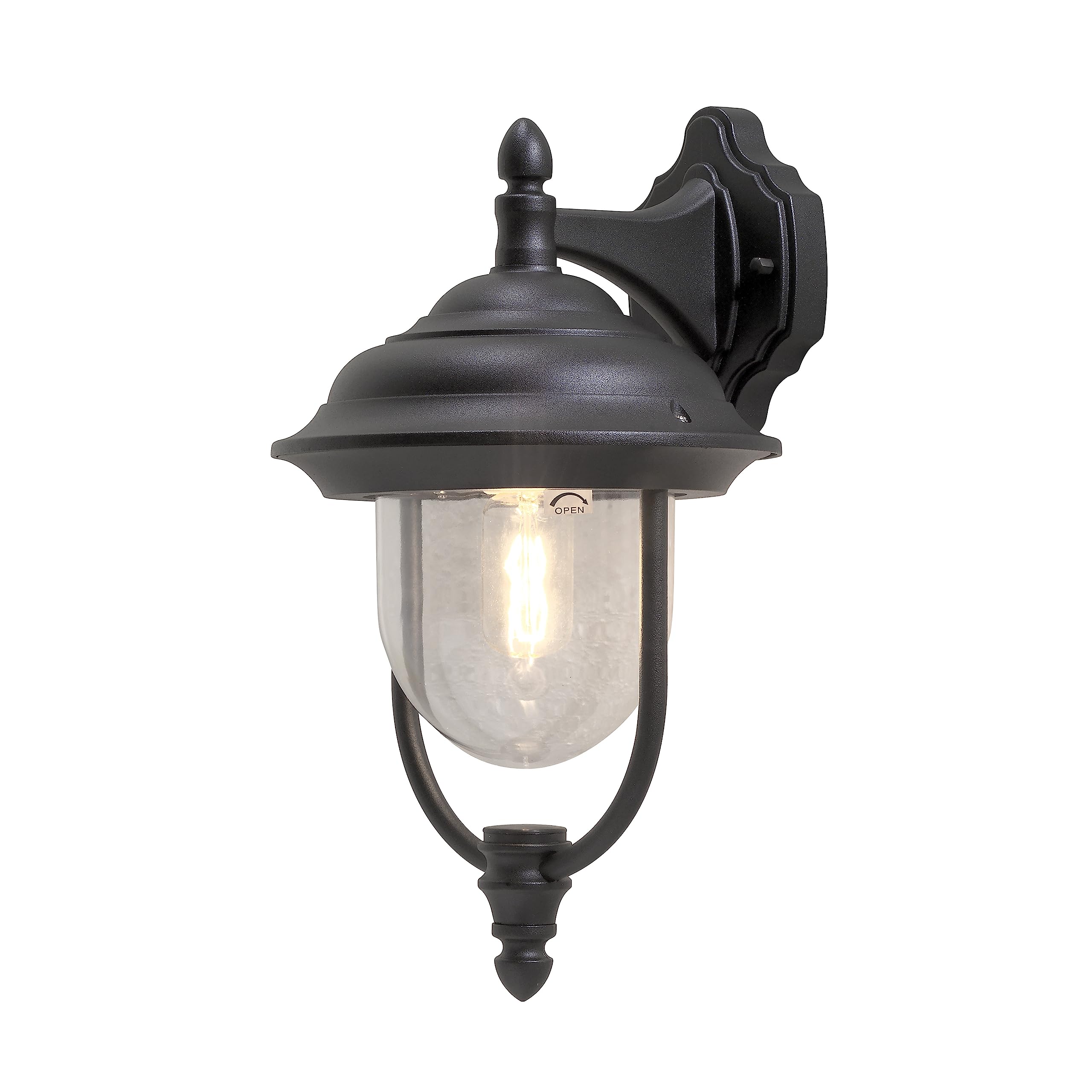 Konstsmide Outdoor Wall Light Mains Powered/Parma Large Down Traditional Lantern/1 x 75 W E27 Max Lamp/Clear Acrylic Globe/Aluminium/IP43/Outside Light Matt Black