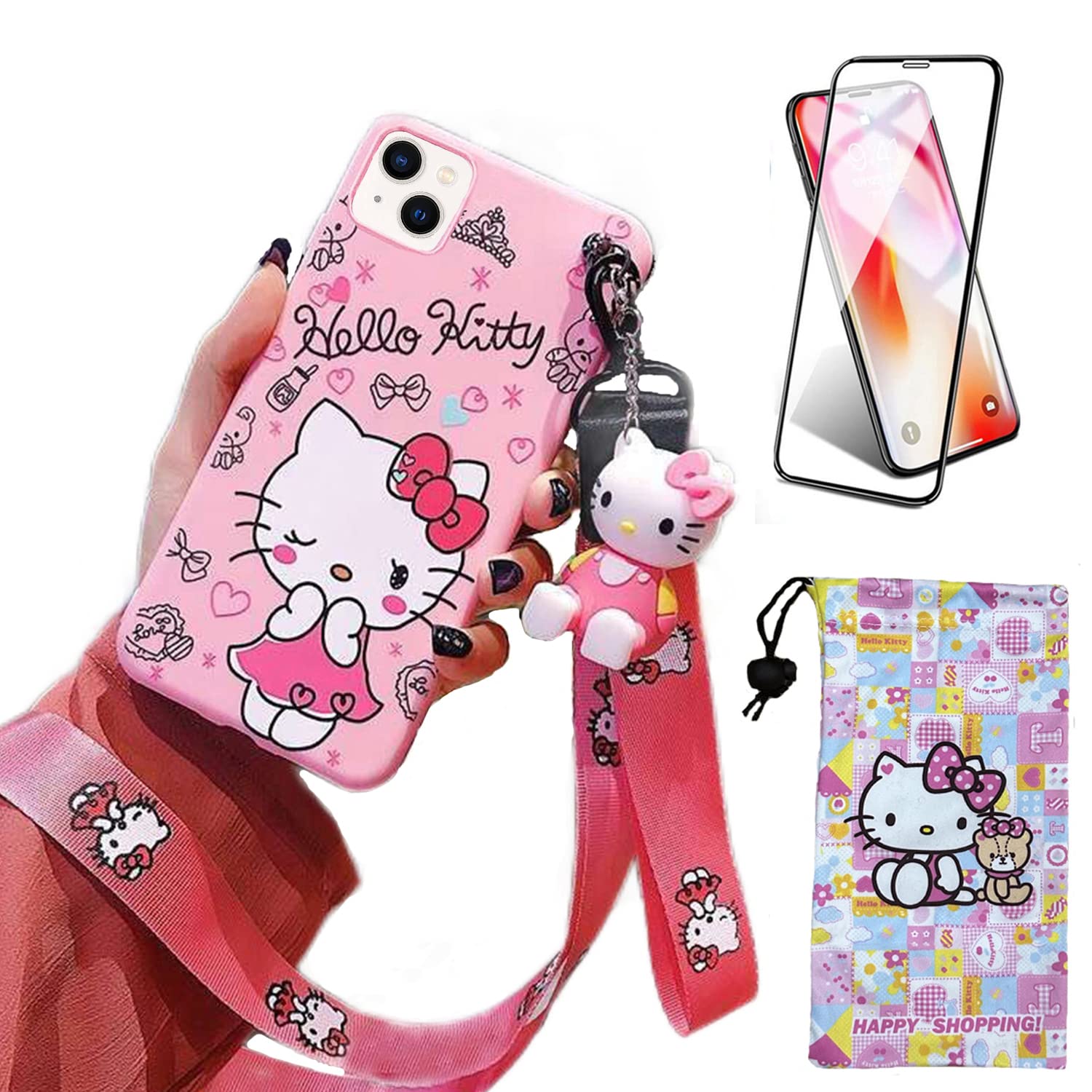 Photo 1 of Ealievor Compatible with iPhone 14 Case with Screen Protector, Cartoon Cute Funny Kawaii Cat Kitty Animal Character Phone Case Silicone Lanyard 3D Cover Case for Kids Girls and Womens