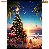 Pickako Tropical Christmas Beach Flamingo Xmas Tree Gifts Sunset Seaside Garden Flag 28 x 40 Inch, Double Sided Outdoor Decorative Welcome Yard Flags for Home House Lawn Patio