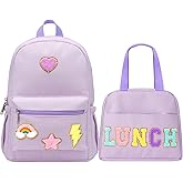 Bulyoou Preppy School Backpack Set for Girls Backpack and Lunch Bag with Chenille Patches Preppy Bookbag Lunch Bag for Back to School Gift(Purple)